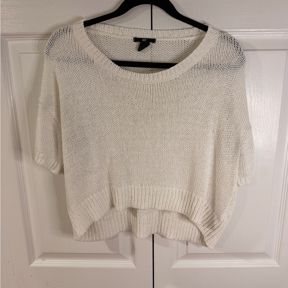 H&M Cream Open-Knit Short Sleeve Scoop Neck Sweater